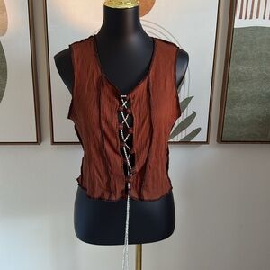 3/$10 Brown and Orange Pleated Tie Front Crop Tank Top